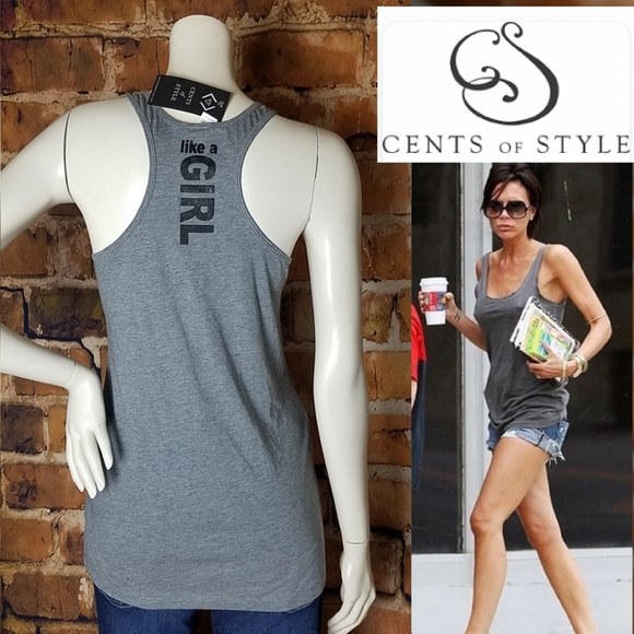 NEW W/TAGS Femme Power "Like a Girl" Gray Racerback Designer Tank Top Large - Picture 2 of 8